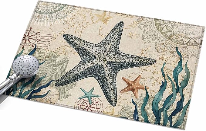 Area Rug 2x3ft, Nautical Starfish Teal Seaweed Starfish Washable Rugs for Living Room Bedroom, Marine Life Soft Non-Slip Area Rugs Rectangle Floor Carpet for Dining Room