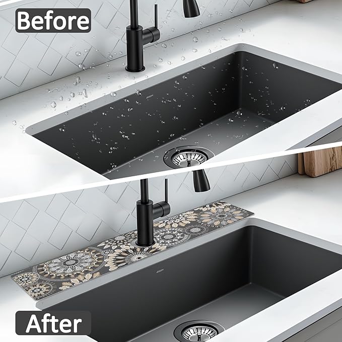 2PCS 24" X 5.5" Kitchen Sink Splash Guard Faucet Mat Mandala Super Absorbent Fast Drying Faucet Guard & Draining Mat Sink Splash Guard Behind Faucet for Kitchen, Bathroom