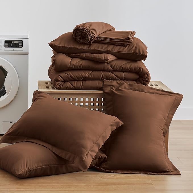 Love's cabin King Size Comforter Set Brown, 7 Pieces King Bed in a Bag, All Season Bedding Sets with 1 Comforter, 1 Flat Sheet, 1 Fitted Sheet, 2 Pillowcase and 2 Pillow Sham | Soft, Breathable, Lightweight, Comfortable