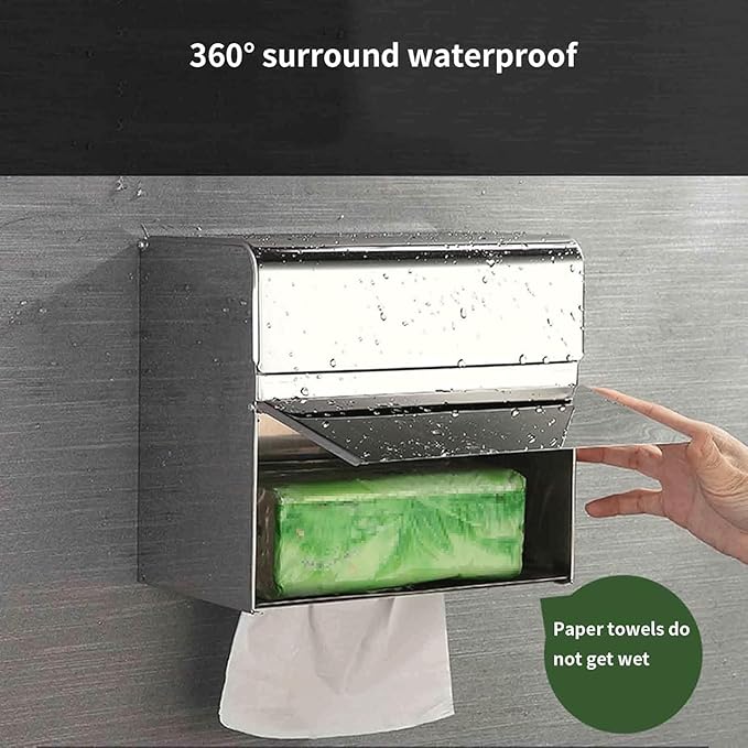 Commercial Stainless Steel Paper Towel Dispenser Wall Mount Napkin Hand Towel Dispenser with Storage Double-Layer Toilet Tissue Holder for Kitchen Bathroom Restroom
