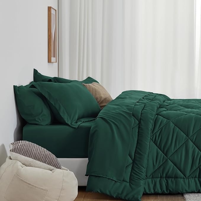 Love's cabin Twin XL Comforter Set Dark Green, 5 Pieces Twin XL Bed in a Bag, All Season Bedding Sets with 1 Comforter, 1 Flat Sheet, 1 Fitted Sheet, 1 Pillowcase and 1 Pillow Sham | Soft, Breathable, Lightweight, Comfortable