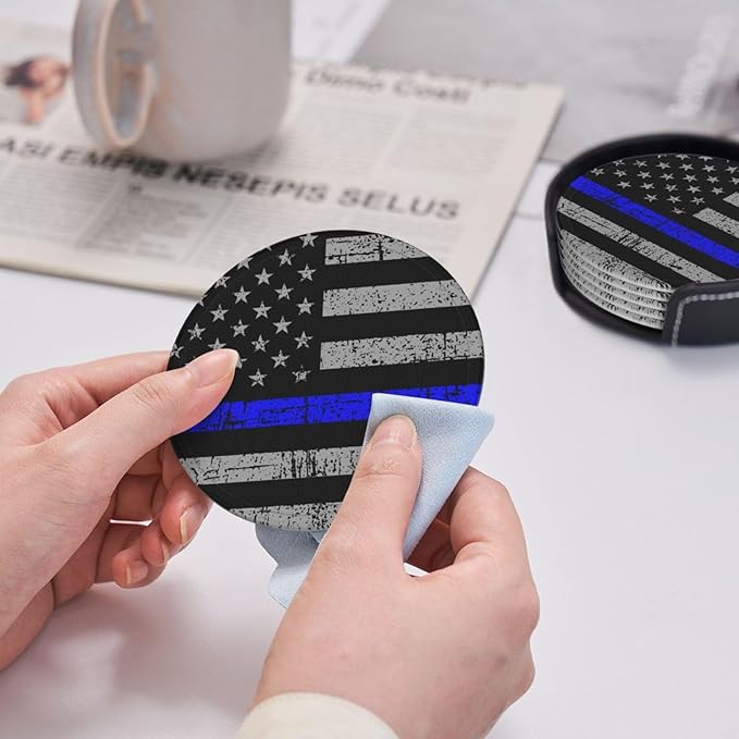 Thin Blue Line Leather Drinks Coasters with Holder, Set of 6, Suitable for Various Cups
