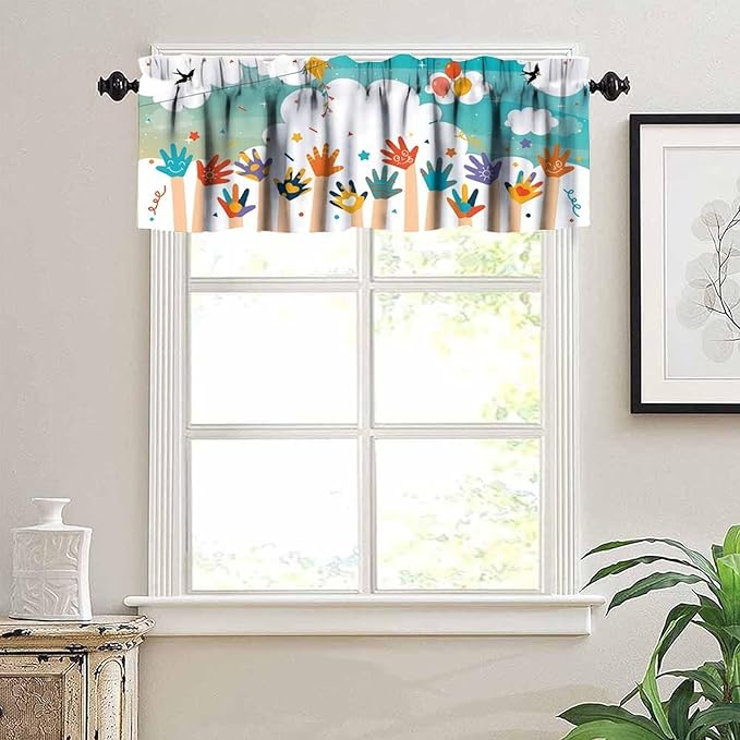Children's Day Valance Curtain, Cartoon Handprint Birds Blue Sky Clouds Window Drapes for Kids Bedroom Living Room Classroom Home Decor, 54x18Inch