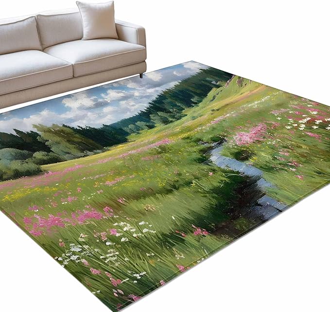 Area Rug 3x5ft, Watercolor Flowers Leaves Forest Meadow Washable Rugs for Living Room Bedroom, Oil Paint Texture Soft Non-Slip Area Rugs Rectangle Floor Carpet for Dining Room