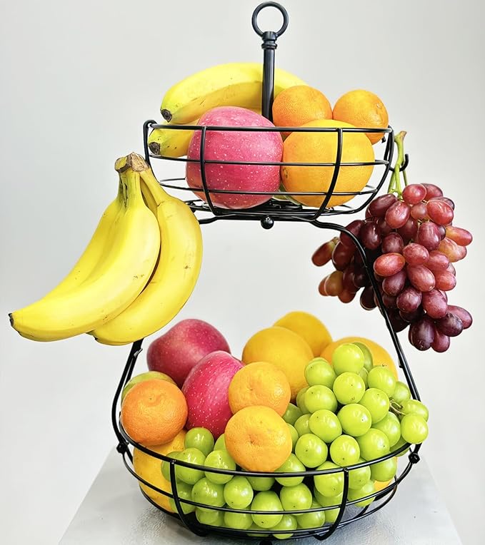 House Warming Gifts New Home, Fruit Basket for Kitchen Counter, 2 Tier Countertop Fruit Bowl Vegetable Baskets with Banana Hanger, Storage Basket for Snack, Home Decor, Kitchen Appliances
