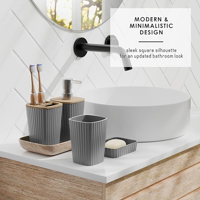 Clara Clark Bathroom Accessories Set - Bathroom Set, Bathroom Sets with Shower Curtain and Rugs, Shower Curtain Set with Bathroom Trash Can - Grey - 22PC
