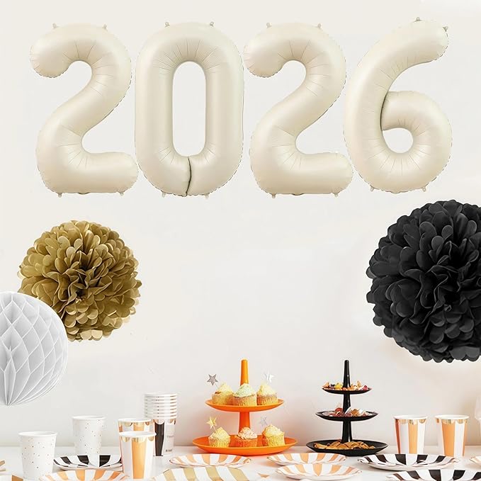 Cream 2026 Balloons, 40 Inch Cream White 2026 Number Balloon Foil New Year Balloon Numbers for New Years Eve Party Graduation Party Decoration