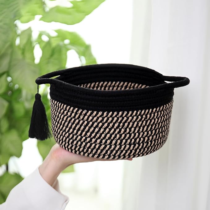 Small Empty Gift Basket to Fill with Handles, Little Cute Woven Baskets for Man, Boys Gifting – Mini Storage Bin for office Desk, Bathroom, Plant Decor with Gift Bag & Ribbon – Black Brown