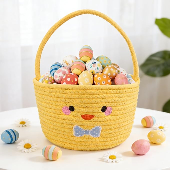Easter Basket, Easter Baskets for Kids,Empty Chick Woven Rope Cotton for Eggs,Easter Egg Hunt Storage Bin with Handle, Baby Nursery Candy for Toddler, Boys and Girls, 9''×12''