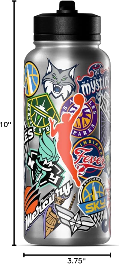 Hydrapeak x WNBA Officially Licensed All Team Sticker Print 32 oz Insulated Water Bottle with Straw Lid and Handle