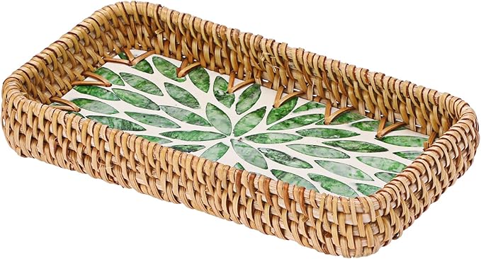 Decorative Key Basket Tray fot Entryway Table Woven Rattan Tray with Mother-of-Pearl Inlay Rectangular Wicker Display Basket for Jewlry, Green