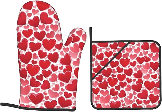 4 Pcs Red Heart Pattern Oven Mitts and Potholders,Kitchen Oven Glove with Pot Holders,Non-Slip Gloves High Heat Resistant 500 Degree for BBQ, Grill, Baking, Cooking, Oven, Microwave