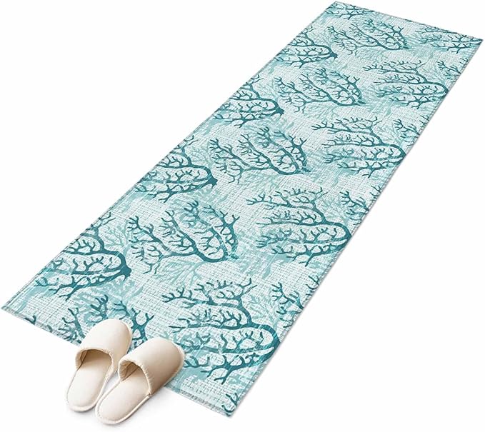 Runner Rug for Bedroom Hallway, Coastal Sea Coral Retro Linen Kitchen Runner Rugs Area Rug 2x6ft, Underwater Ocean Life Washable Soft Floor Carpet for Entryway Stair