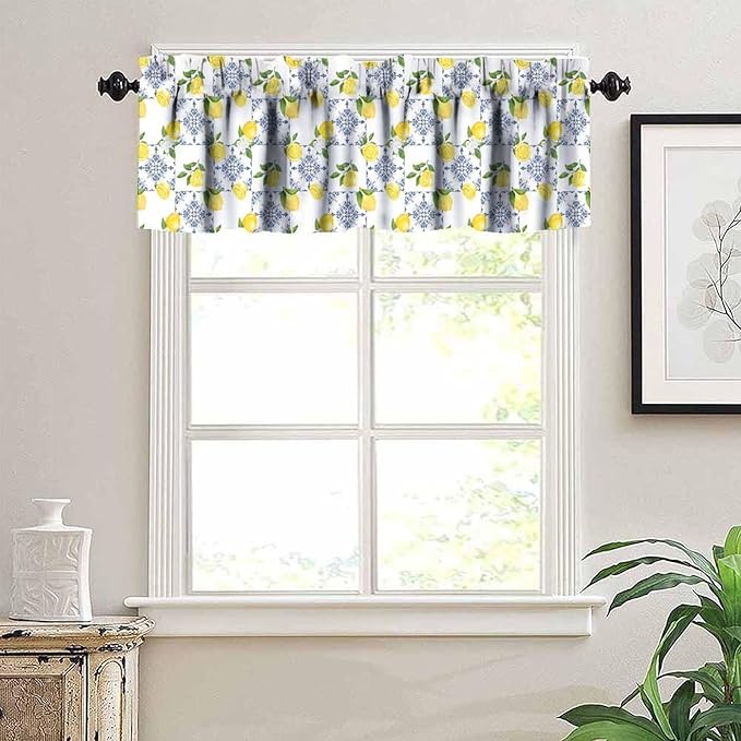 Lemon Floral Curtain Valance, Blue White Tile Farmhous Rustic Short Window Drapes for Kitchen Dining Room Bedroom Living Room Resturant Home Decoration, 54x18Inch