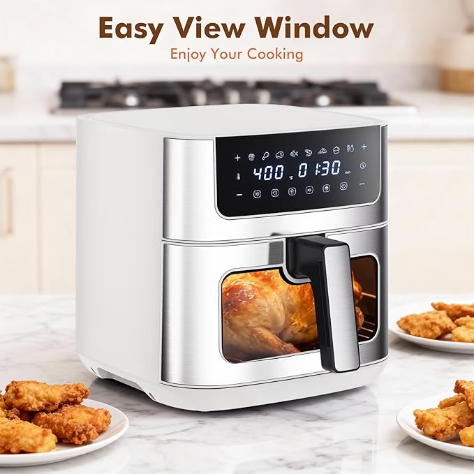 Sweetcrispy 6.34QT Air Fryer, 8-in-1 Air Fryers Oven with Visible Window, 400℉ Fast Heating, Nonstick Dishwasher-Safe Basket, Timer & Auto-Off, Stainless Steel, White