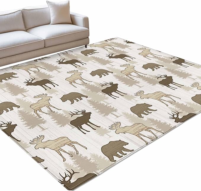 Area Rug 3x5ft, Animal Moose Bears Washable Rugs for Living Room Bedroom, Retro Rustic Pine Trees Soft Non-Slip Area Rugs Rectangle Floor Carpet for Dining Room
