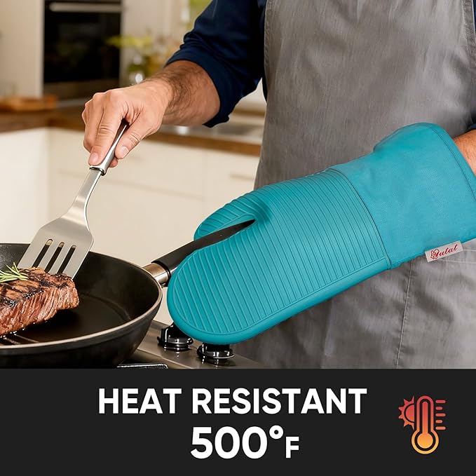 YUTAT Silicone Oven Mitts,High Heat Resistant Up to 500 Degrees,Waterproof Cooking Gloves with Soft Polyester Filling,Kitchen Potholder Set - Perfect for BBQ, Baking and Cooking,Green,2 Pcs Set