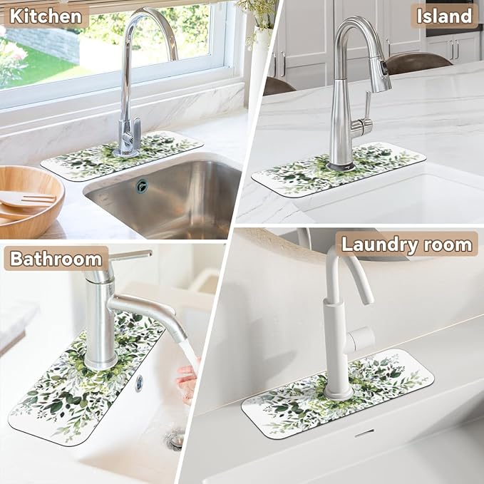 Sink Faucet Absorbing Mat, Spring Fresh Green Leaf Kitchen Faucet Mat, Sink Splash Guard, for Bathroom Kitchen Sink Splash Guard Drying Mat 15.4"x5.7"