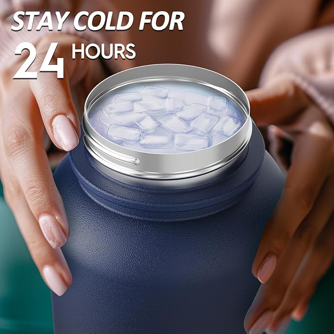 Navigate 32 oz Insulated Stainless Steel Sports Water Bottle with Spout & Handle Lids,Wide Mouth Water Jug with Double Walled Leak Proof Keep Cold for 24 Hrs Hot for 12 Hrs,Dark Blue