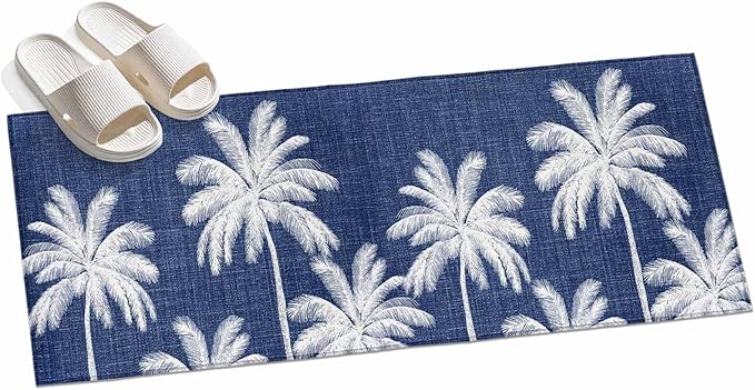 Runner Rug for Bedroom Hallway, Coastal Palm Trees on Blue Kitchen Runner Rugs Area Rug 2x6ft, Minimalist Tropical Leaves Washable Soft Floor Carpet for Entryway Stair