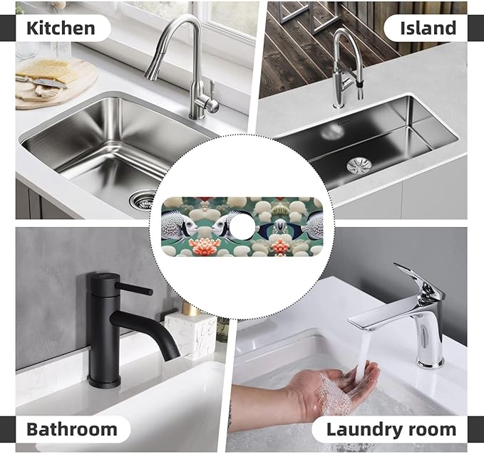 White Tropical Fish Printed Faucet Absorbent mat, Suitable for bathrooms, Kitchens, and Other Sink Areas.