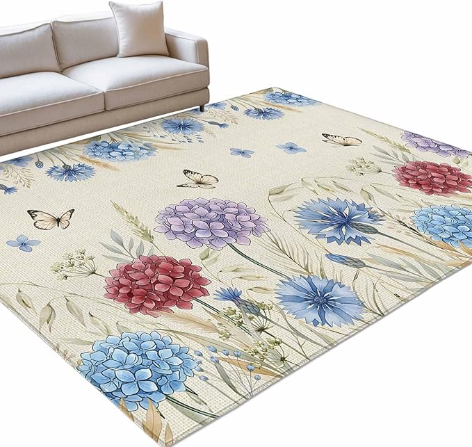 Area Rug 4x6ft, Spring Watercolor Garden Flower Washable Rugs for Living Room Bedroom, Hydrangea Floral on Burlap Soft Non-Slip Area Rugs Rectangle Floor Carpet for Dining Room