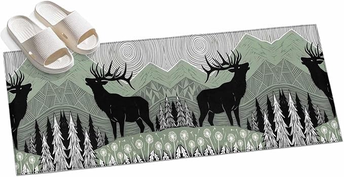 Runner Rug for Bedroom Hallway, Black Wildlife Elk Kitchen Runner Rugs Area Rug 2x6ft, Bohemian Green Mountain Peaks Washable Soft Floor Carpet for Entryway Stair