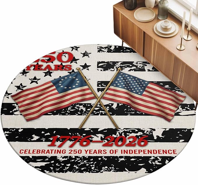 Washable Round Area Rug Independence Day 250th Anniversary Circle Rugs Floor Carpet for Living Room Bedroom, Retro USA Flags Soft Non Slip Round Rug 3ft