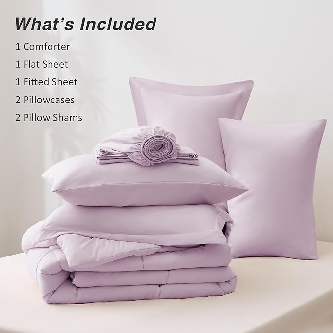 Love's cabin Queen Comforter Set Light Purple, 7 Pieces Queen Bed in a Bag, All Season Bedding Sets with 1 Comforter, 1 Flat Sheet, 1 Fitted Sheet, 2 Pillowcase and 2 Pillow Sham | Soft, Breathable, Lightweight, Comfortable