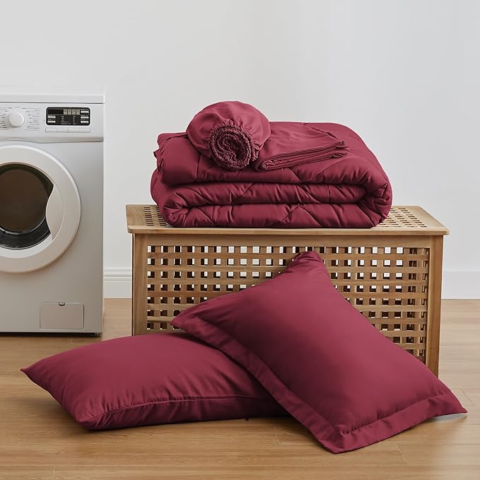 Love's cabin Twin XL Comforter Set Burgundy, 5 Pieces Twin XL Bed in a Bag, All Season Bedding Sets with 1 Comforter, 1 Flat Sheet, 1 Fitted Sheet, 1 Pillowcase and 1 Pillow Sham | Soft, Breathable, Lightweight, Comfortable