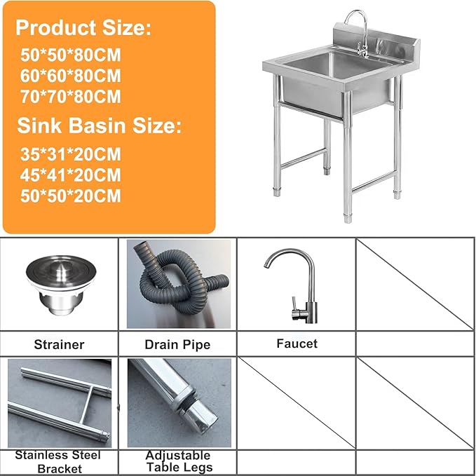 Utility Sink Free Standing Single Bowl, Restaurant Kitchen Sink with Cold and Hot Water Pipe, Stainless Steel Industrial Sink, for Laundry Room Bathroom Farmhouse