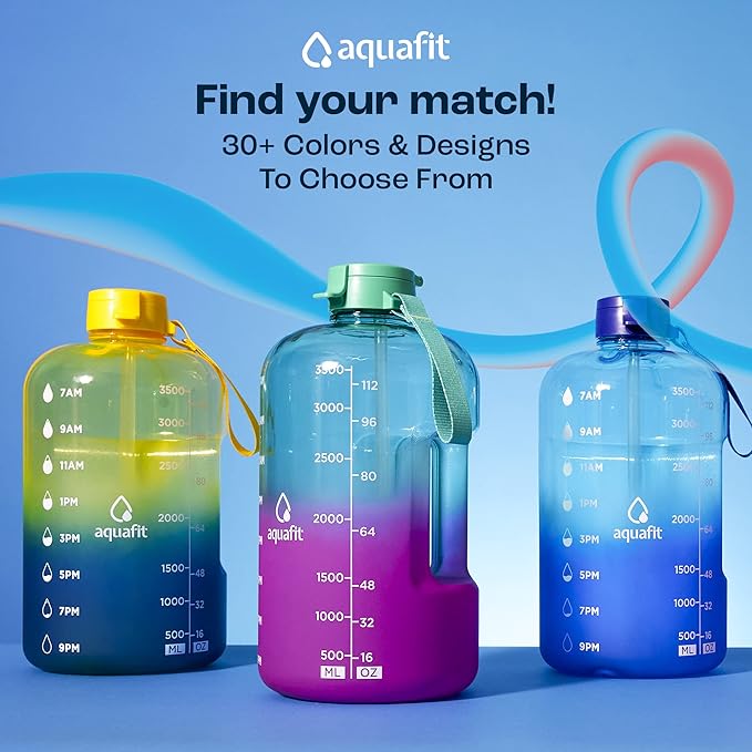 AQUAFIT Half Gallon Water Bottle with Time Marker - Straw & Chug Lid - BPA Free Gym Water Bottle with Straw - Big Gallon Jug (Clarity, 64 oz - 2 Lids)