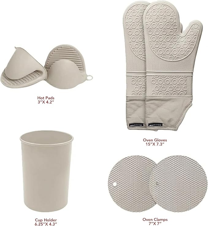 OVENTE Silicone Cooking Utensils Set, 17pcs Heat Resistant Kitchen Tools and Gadgets for Nonstick Cookware, BPA Free Spatula Set with Wooden Handle, Cup Holder, Oven Gloves and Hot Pads, Cream SPS17CR