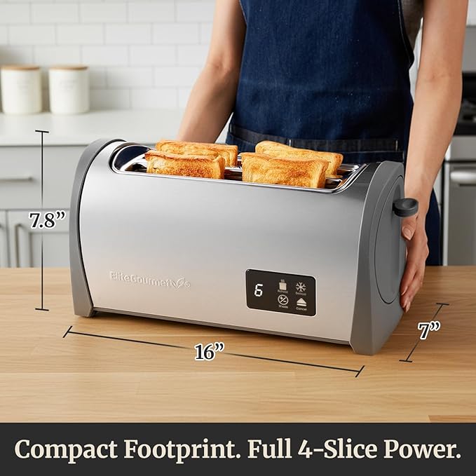 Elite Gourmet Digital Long Slot 4-Slice Toaster – Touch Screen LED Display, Extra Wide 1.5” Slots for Artisan & Bagel Bread, 6 Browning Levels, Defrost & Reheat, Stainless Steel Modern Design