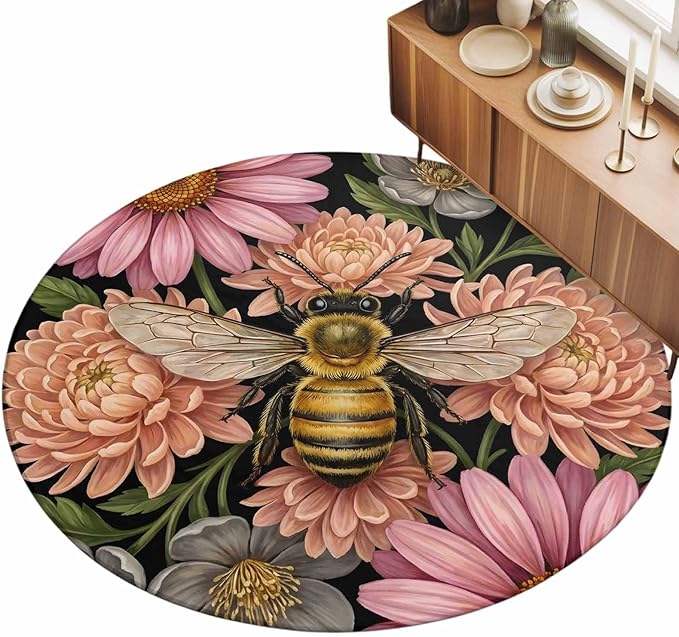 Washable Round Area Rug Vintage Honey Gold Bee Pink Flowers Circle Rugs Floor Carpet for Living Room Bedroom, Sage Green Leaves Soft Non Slip Round Rug 3ft