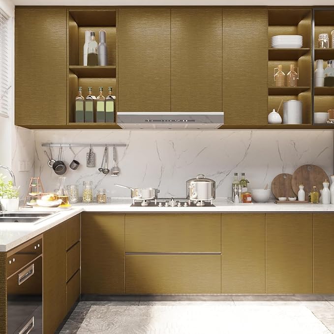Matte Gold Brass Color Contact Paper 23.7 x 393.7 Inches Peel and Stick Wallpaper for Kitchen Cabinet Countertop Fridge Cover Home Decoration Vinyl Self Adhesive Waterproof Removable