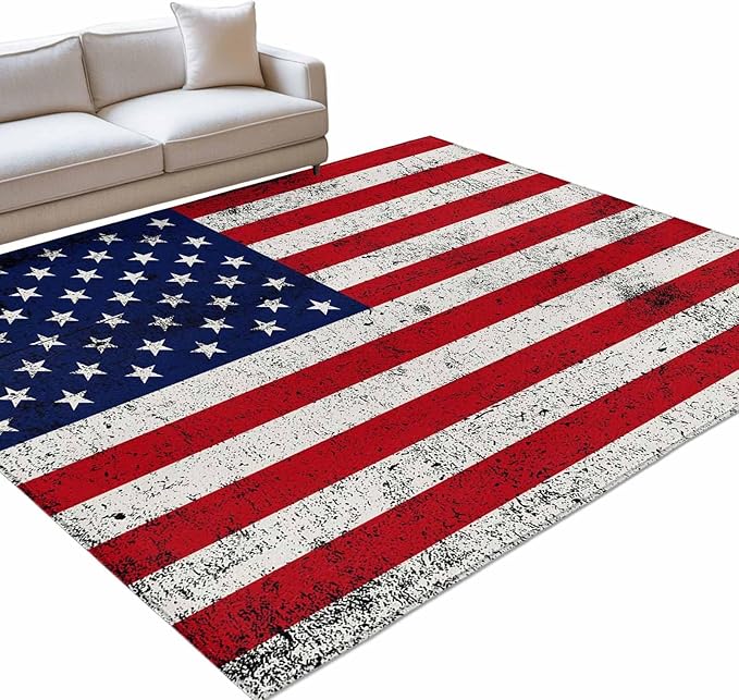 Area Rug 4x6ft, Independence Day Stars Stripes Retro Washable Rugs for Living Room Bedroom, Patriotic Flag Red Blue Soft Non-Slip Area Rugs Rectangle Floor Carpet for Dining Room