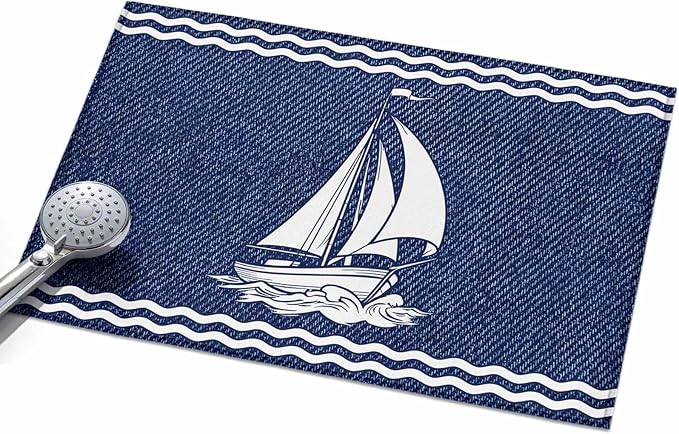Area Rug 2x3ft, Nautical Sailing Boat on Steel Blue Washable Rugs for Living Room Bedroom, Vintage Water Waves Soft Non-Slip Area Rugs Rectangle Floor Carpet for Dining Room