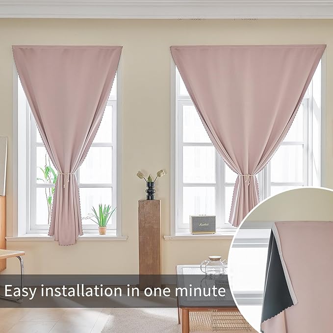 AJAZZ Self Adhesive Curtains 100% Blackout Shades Window Cover Sticky Curtain Portable Easy Open Blackout Curtains for Bedroom Living Room No Drilling (Pink, 47" W x 96" L) 1 Panel