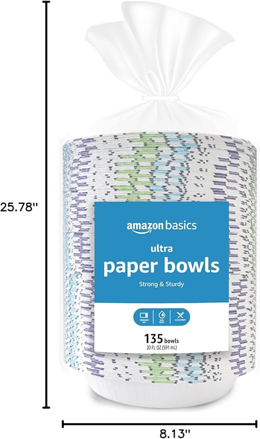 Amazon Basics Ultra Disposable Paper Bowls, 20 Oz, Microwave Safe, Soak Proof, Strong & Sturdy, White, 540 Count (4 Packs of 135)