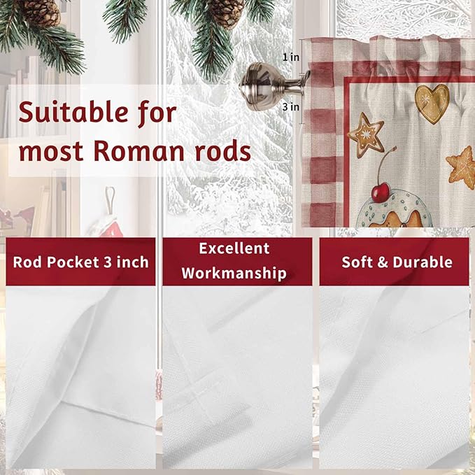 Christmas Swag Valance Curains Watercolor Ginger Bread Man Linen Texture Rod Pocket Kitchen Curtains Scalloped Window Treatment Valances Swag for Living Room Bedroom, 1 Pair, 36"W x 36"L
