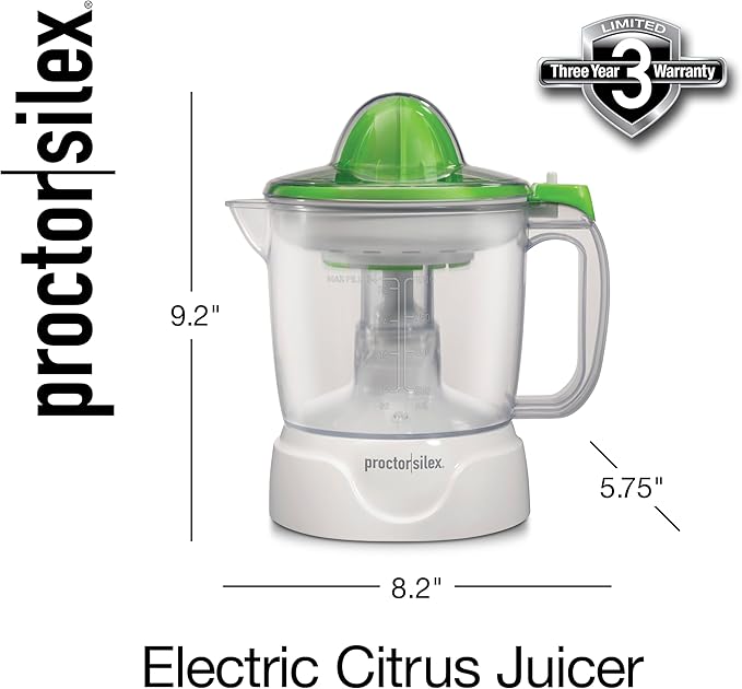 Proctor Silex Electric Citrus Juicer Machine, Large 34 oz. Pitcher, Pressure Activated, 2 Reamers for Big and Small Fruit, Pulp Control, for Orange, Lemon, Grapefruit Juice, White & Green (66340)