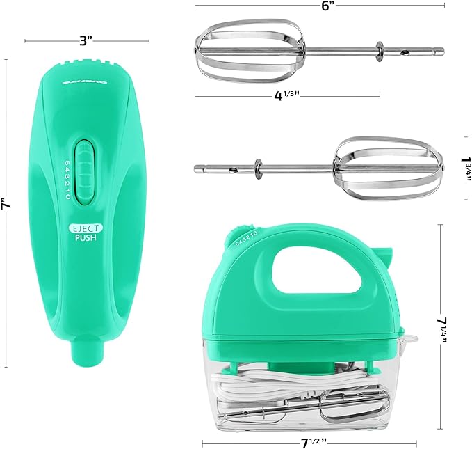 OVENTE Portable Electric Hand Mixer 5 Speed Mixing, 150W Powerful Blender for Baking & Cooking with 2 Stainless Steel Chrome Beater Attachments & Snap Clear Case Compact Easy Storage, Turquoise HM161T