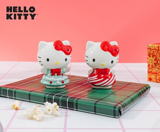 Silver Buffalo Sanrio Hello Kitty 3D Sculpted Festive Christmas Tree and Candy Cane Holiday Salt and Pepper Shaker Set