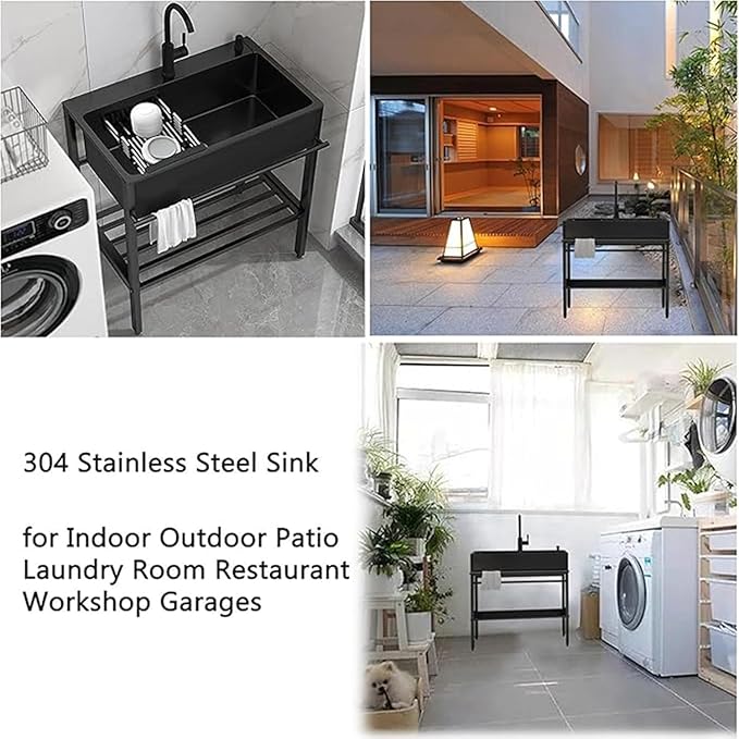 Commercial Kitchen Sink,Black Laundry Room Sink,Stainless Steel Stand Alone,Set with Drain Basket, Hot and Cold Tap,Adjustable Leg Height,for Restaurant,Room,Backyard,Garage