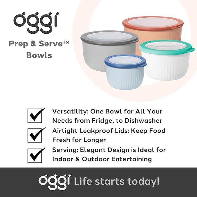Oggi Prep, Store & Serve Plastic Bowl w/See-Thru Lid- Dishwasher, Microwave & Freezer Safe, (0.7 qt) Lt Gray w/Dk Gray Lid