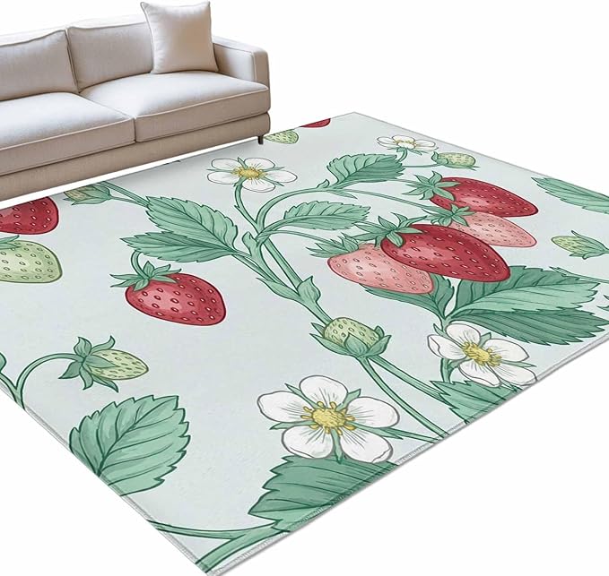 Area Rug 9x12ft, Strawberries White Flowers Washable Rugs for Living Room Bedroom Rectangle Floor Carpet, Rustic Garden Botanical Soft Non-Slip Area Rugs for Dining Room
