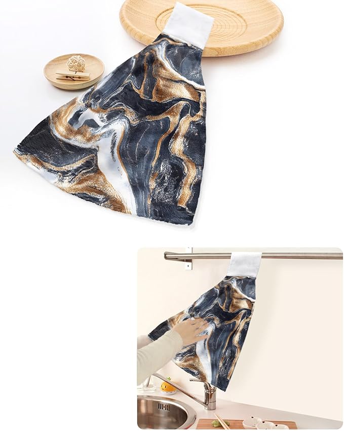 Alandar Home Kitchen Tie Towel Set of 1, Abstract Marble Minimalist Art Absorbent Soft Hand Towels for Bathroom Hanging Towels, Watercolor Stone Stripe Texture Fast Drying Cleaning Cloth with Loop