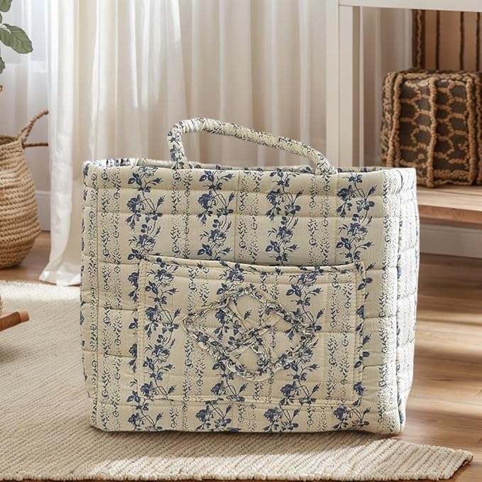 HiTotes Floral Storage Car Basket Diaper Caddy Organizer Quilted Laundry Basket Foldable Nursery Hamper Bag