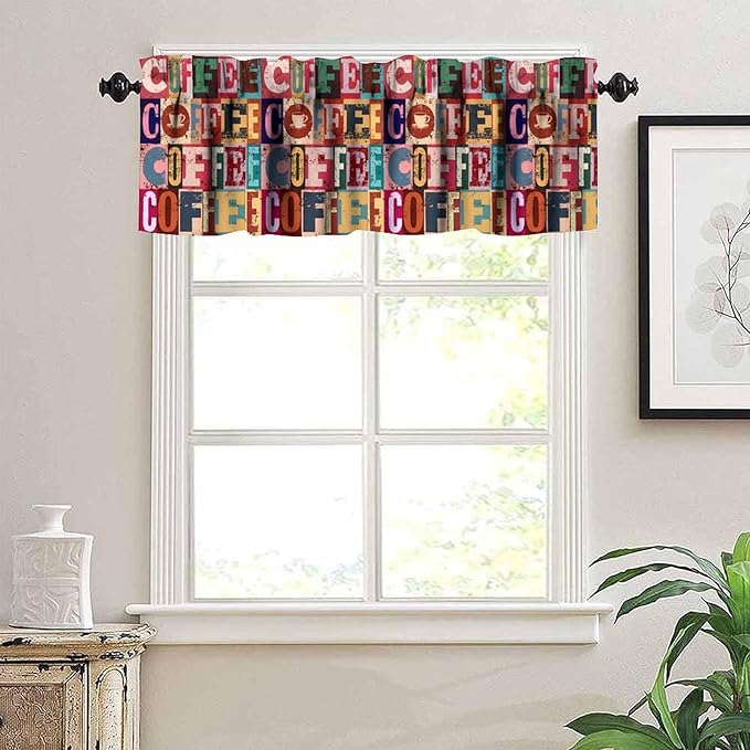 Retro Coffee Window Valance, Vintage Colorful Coffee Rustic Short Window Treatment for Cafe Kitchen Bedroom Living Room, 54x18Inch